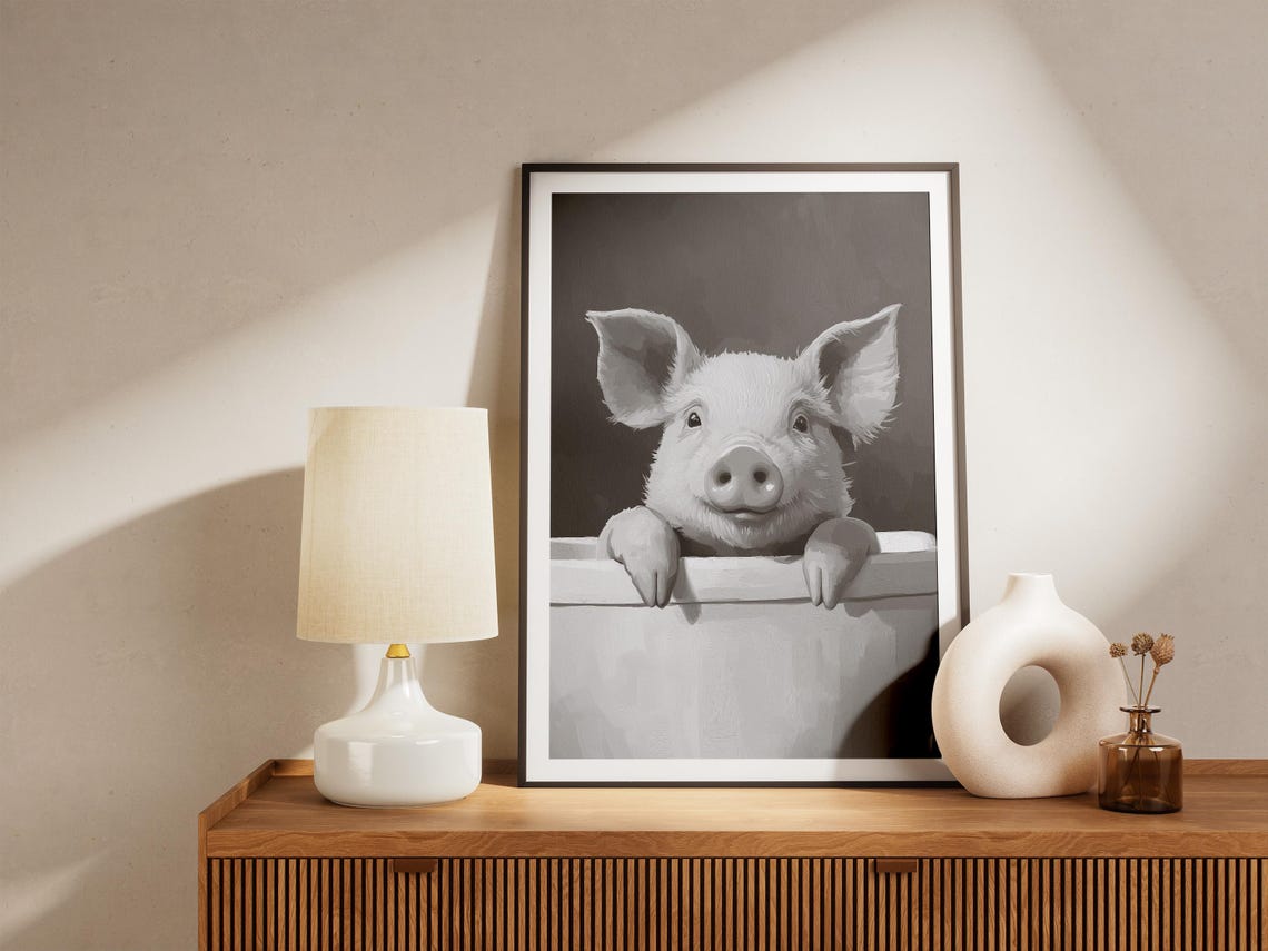 Piglet In Bathtub Poster Cute Pig Black And White Bathroom Decor - Image 4