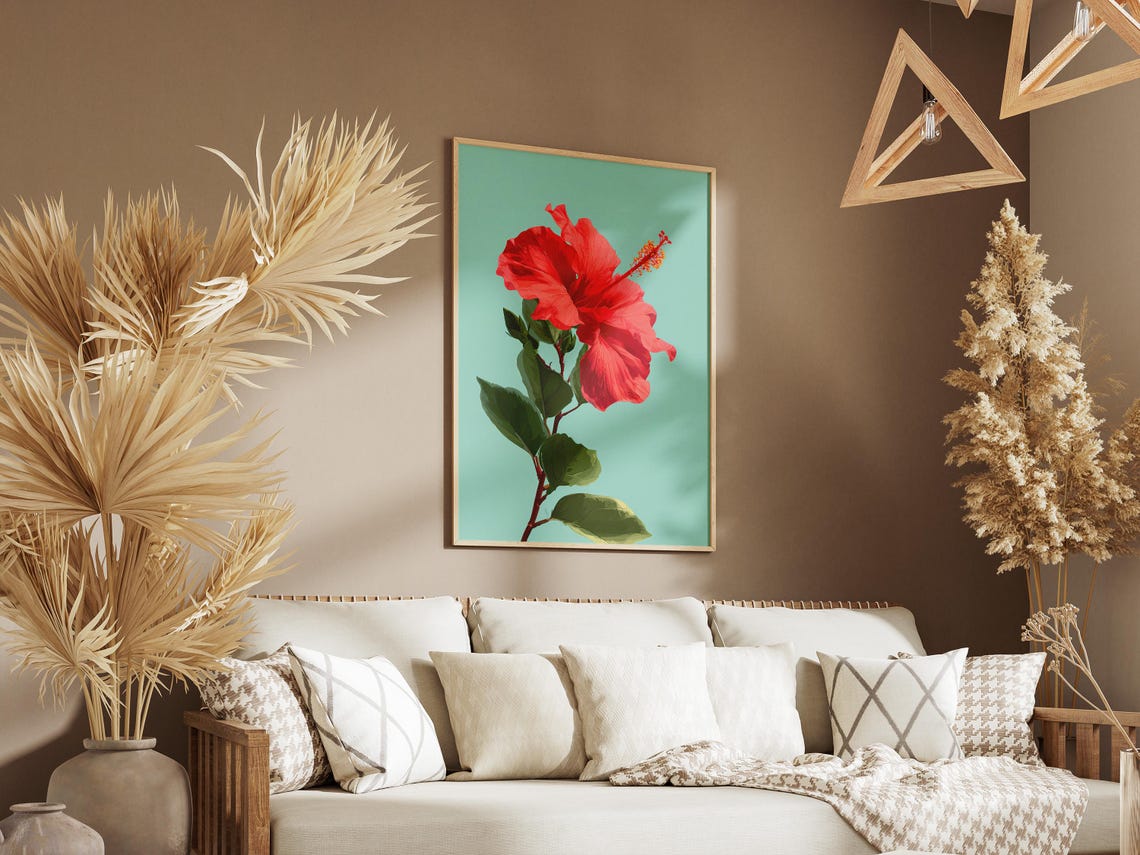 Red Hibiscus Flower Single Bloom On Mint Green Background Poster - Image 3