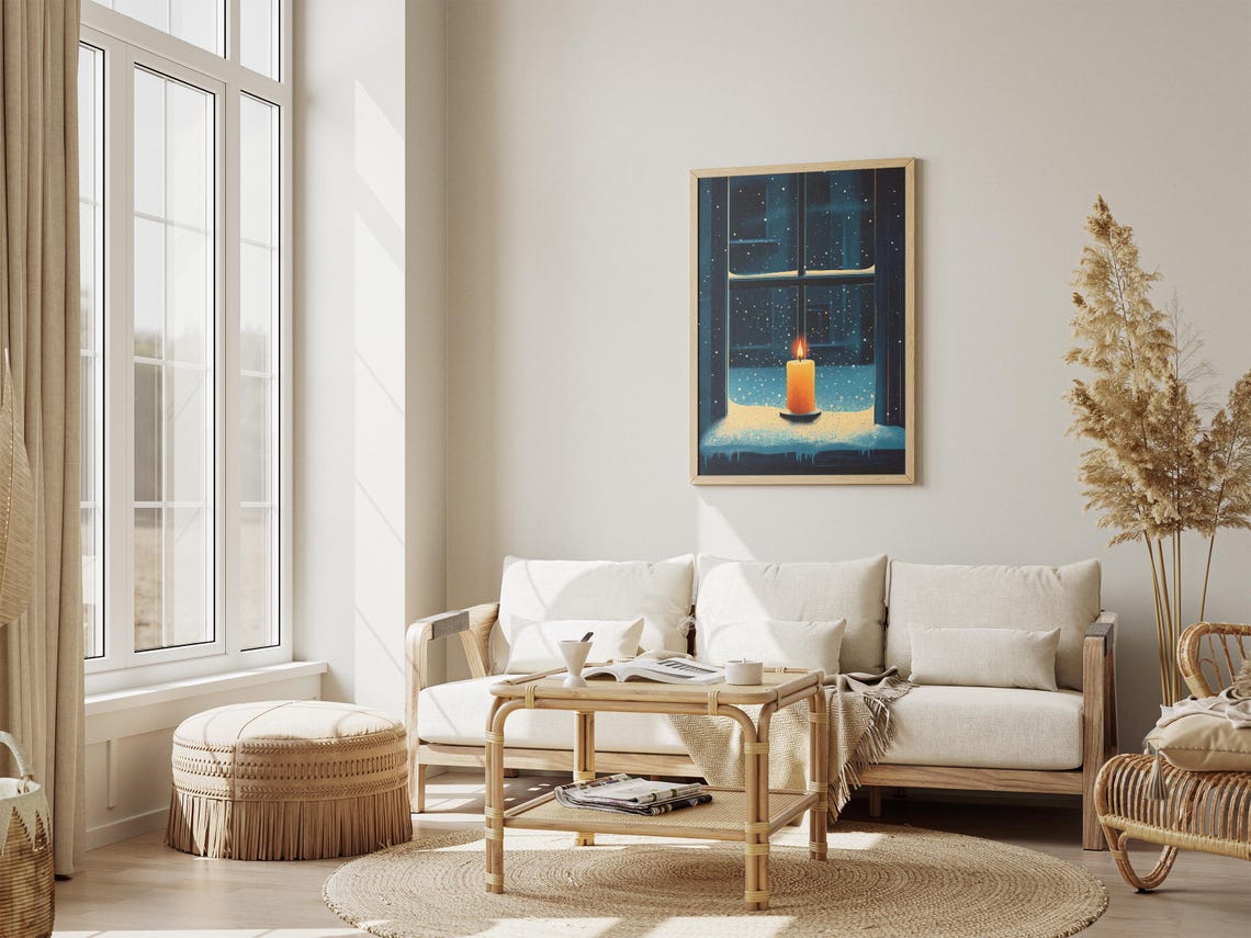 Glowing Candle on a Snowy Night Windowsill in Navy Blue Poster - Image 4