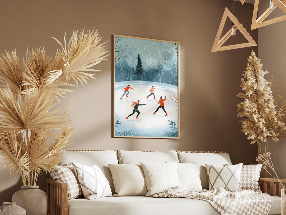 Ice Skaters Gliding on a Frozen Pond in a Snowy Blue Forest Poster - Image 3