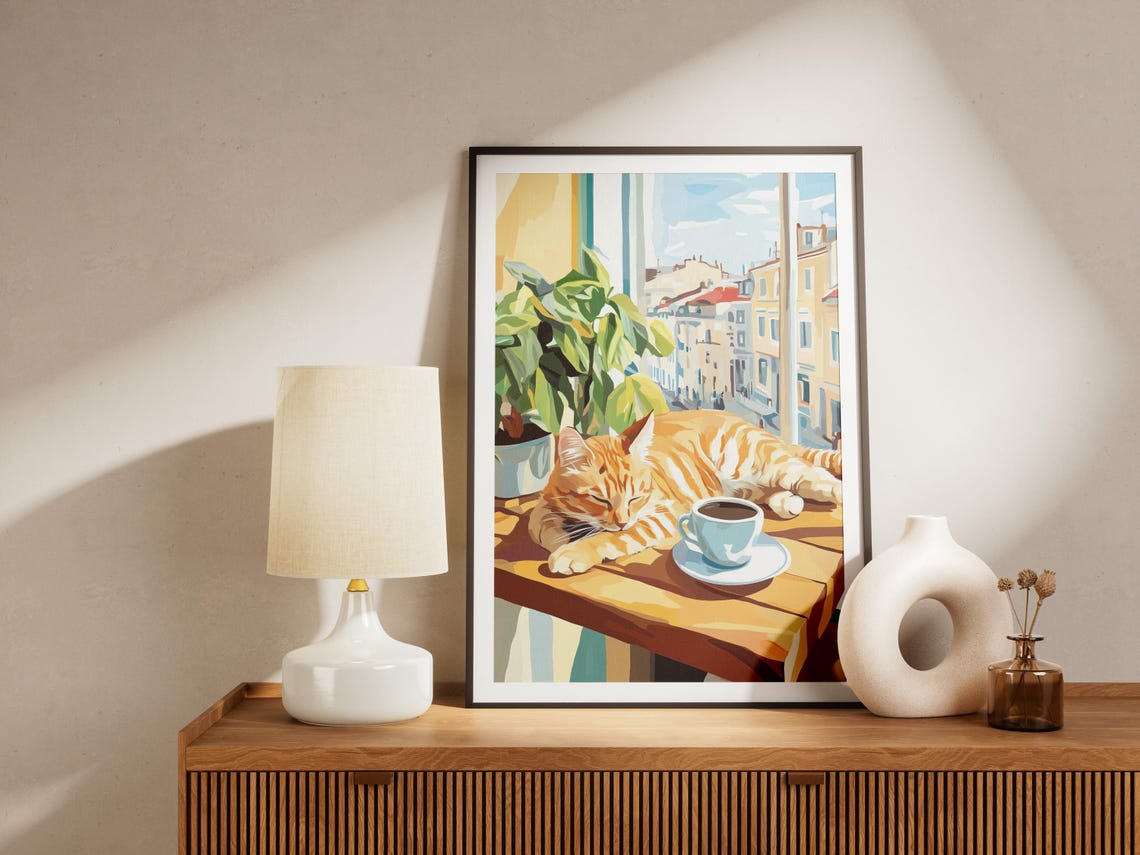 Orange Tabby Cat Napping on a Sunny Windowsill with Coffee Poster - Image 4