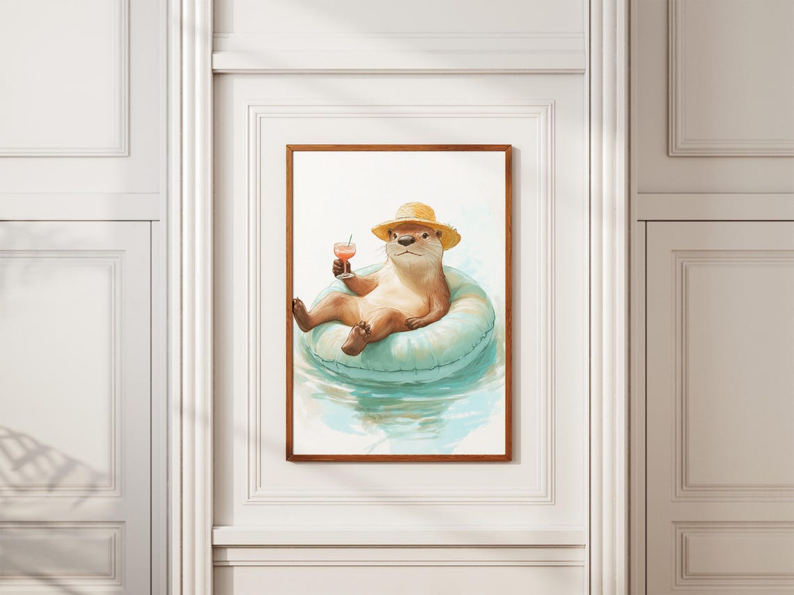 Relaxed Otter in Straw Hat Floating with Cocktail Summer Pool Poster - Image 2