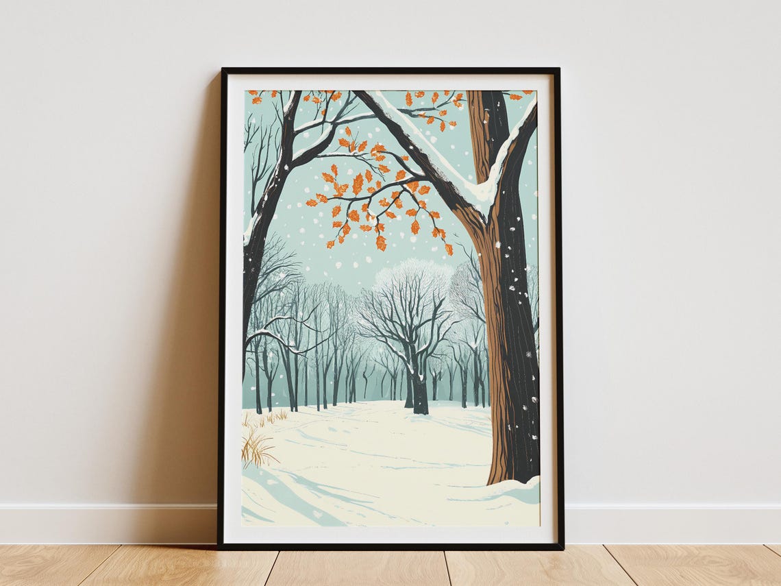 Winter Forest Path With Snow and Late Autumn Orange Leaves Poster