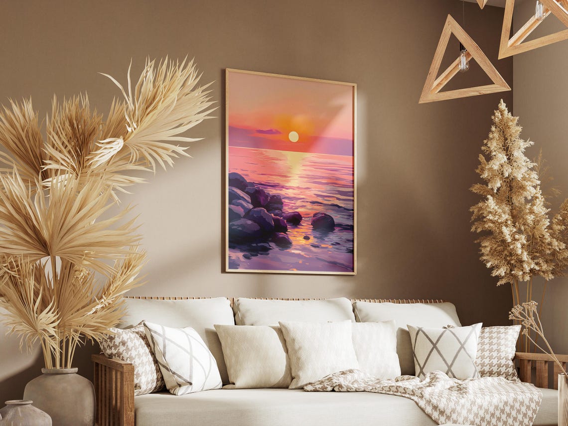 Pink and Purple Sunset Over a Rocky Shore and Calm Sea Poster - Image 3