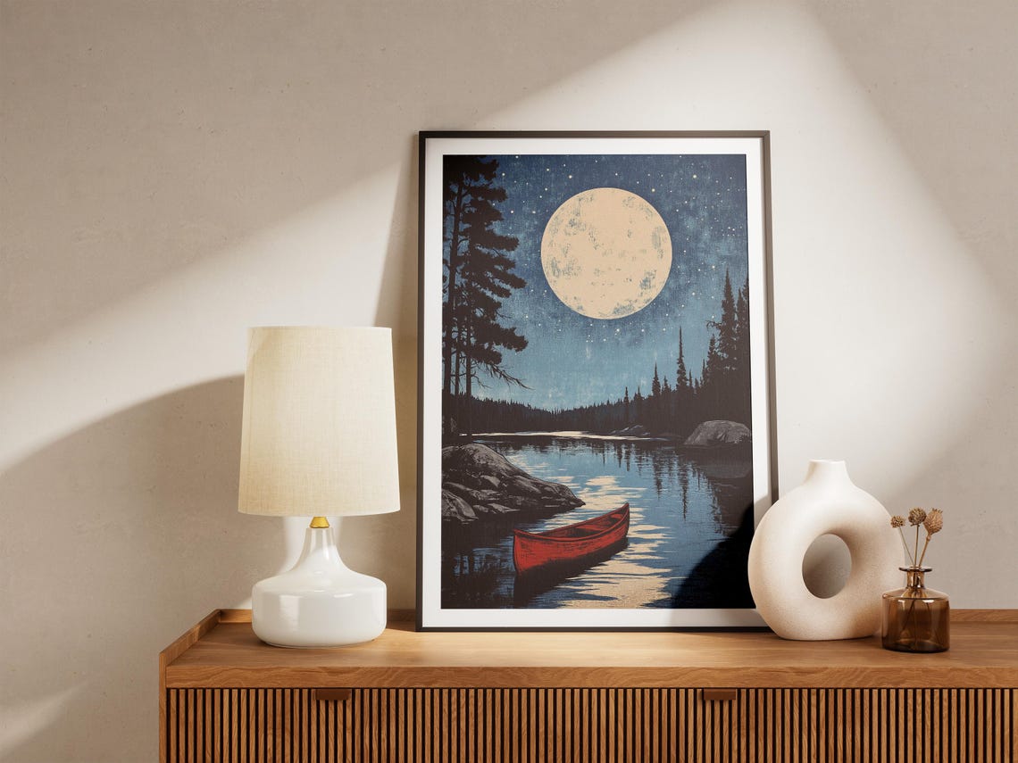 Voyageurs Red Canoe Under Full Moon Pine Lake Night Art Poster - Image 4