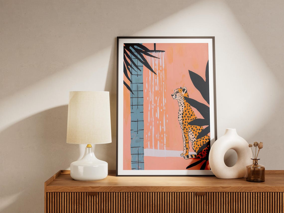 Spotted Cheetah Sitting Calmly Beneath a Running Showerhead Poster - Image 5