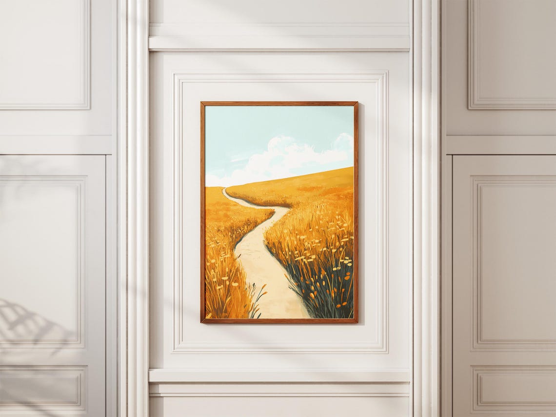 Golden Meadow Hillside Winding Path Sunny Landscape Art Poster - Image 2