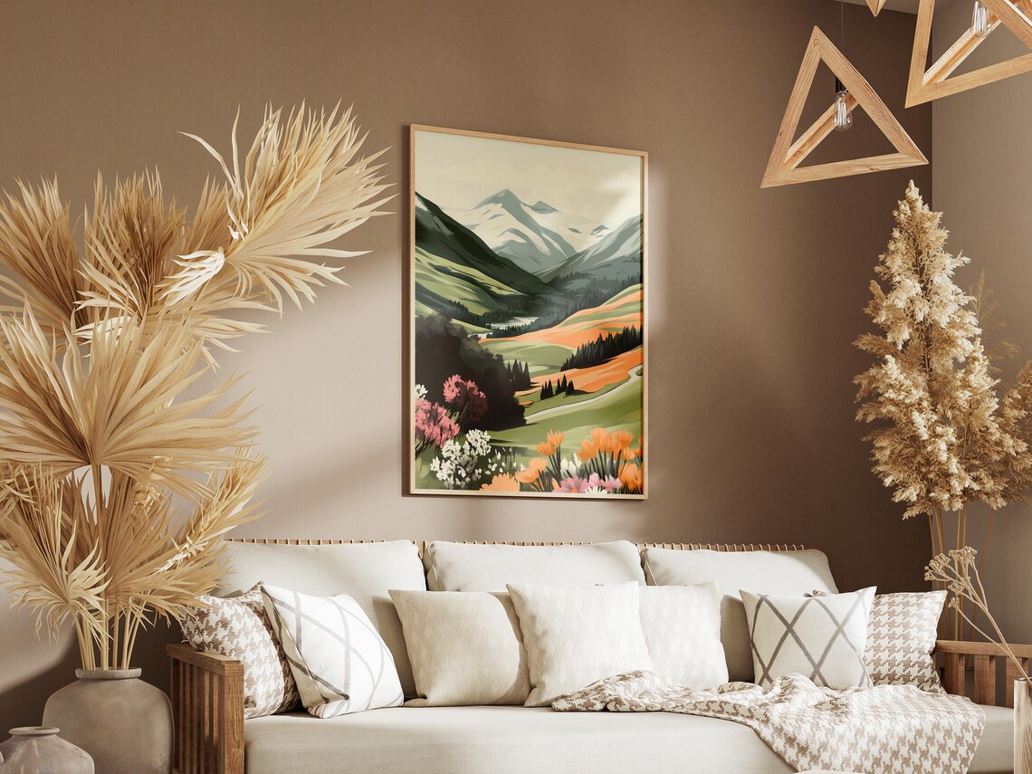 Wildflower Valley Snow Capped Mountain Vista Landscape Art Poster - Image 3
