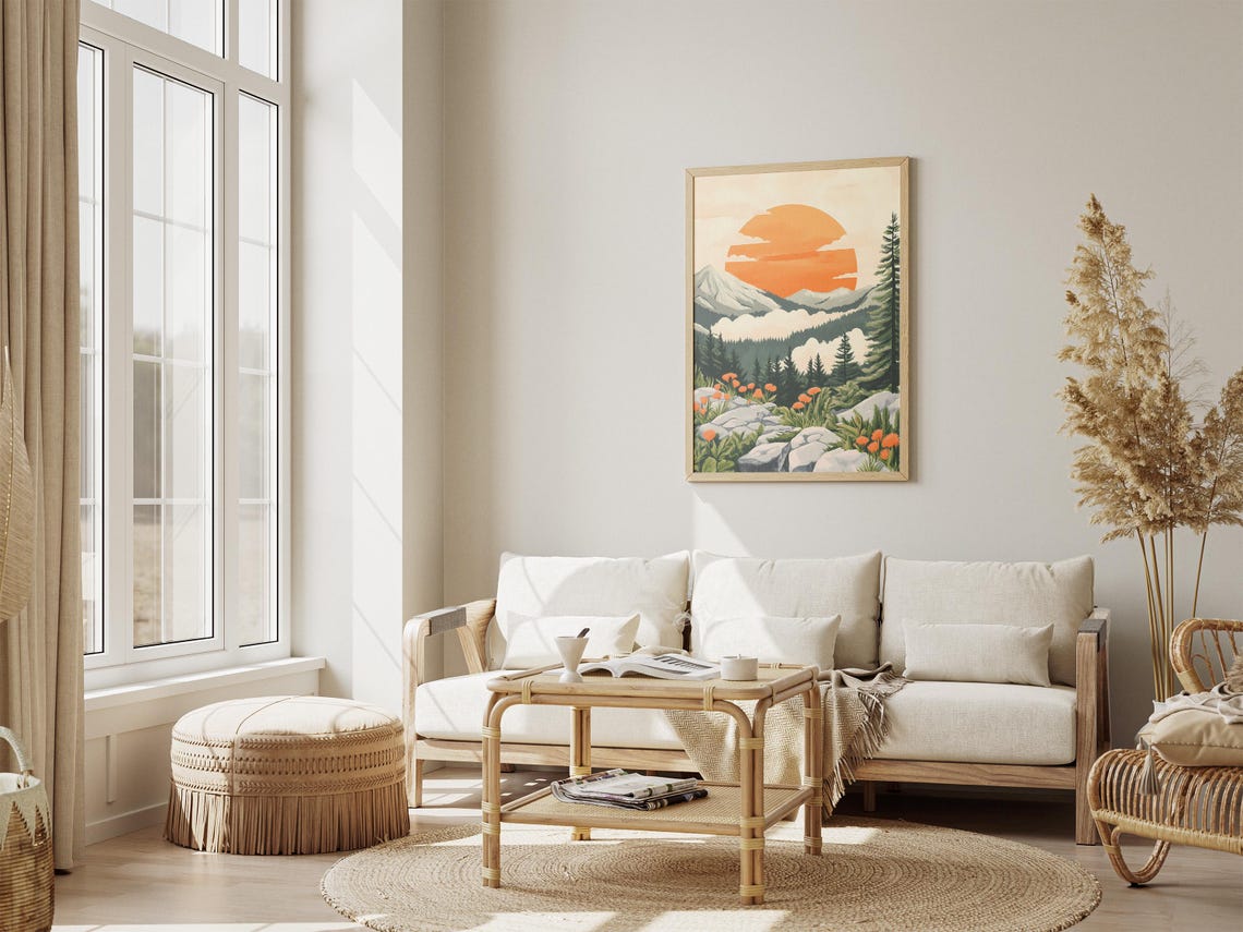 Giant Orange Sun Rising Behind Snowy Mountain Peaks at Dawn Poster - Image 4