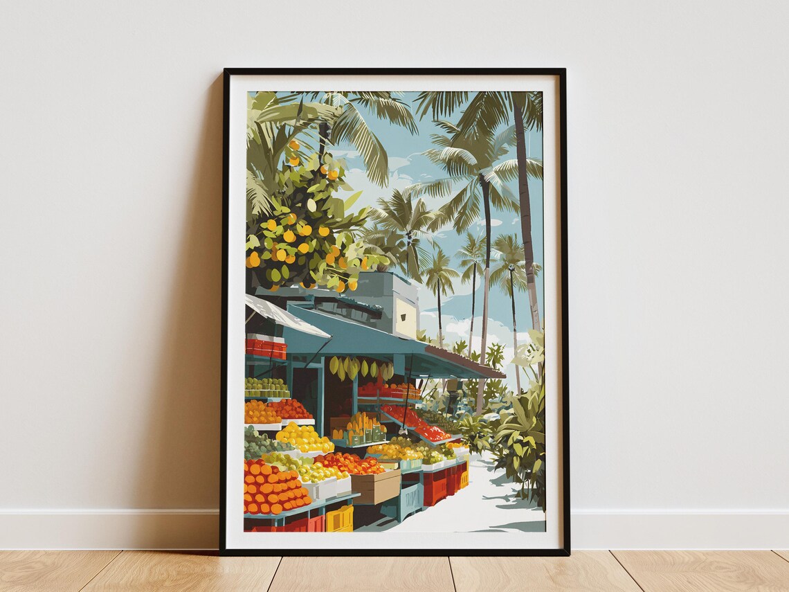 Tropical Fruit Market Stand Palm Trees Colorful Island Art Poster
