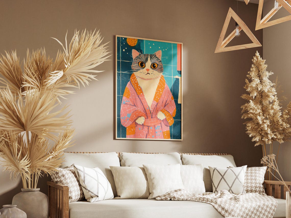Scottish Fold Cat Art Print Bathrobe Bathroom Poster Funny Lover Gift Unique Cute Pet Portrait Wall Decor - Image 3