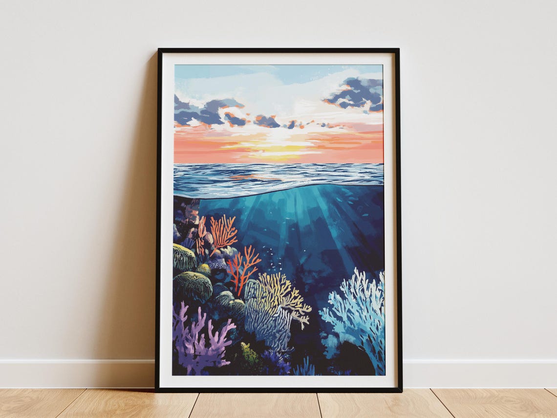 Colorful Coral Reef Sunset Ocean Underwater Tropical Sea Life Poster