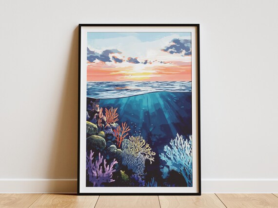 Great Barrier Reef Poster Ocean Art Print Nautical Wall Coastal Decor Undersea Australia Travel Coral Sunset
