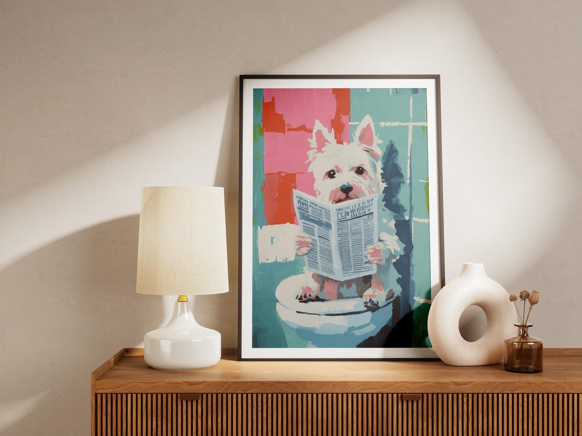 West Highland Terrier on Toilet Reading Newspaper Funny Poster - Image 5