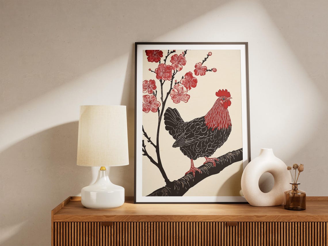 Red and Black Rooster Perched Under Plum Blossom Branch Art Poster - Image 5