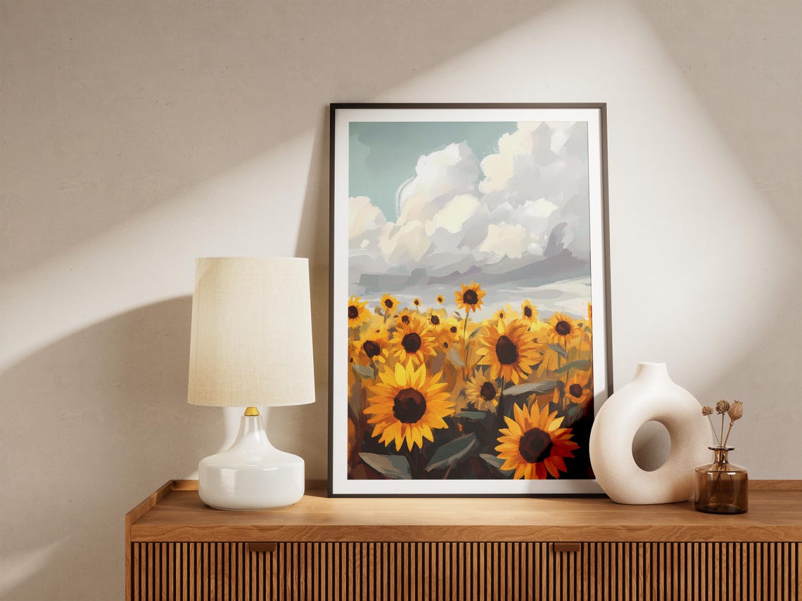 Sunflower Field Summer Dramatic Sky Floral Illustration Poster - Image 5