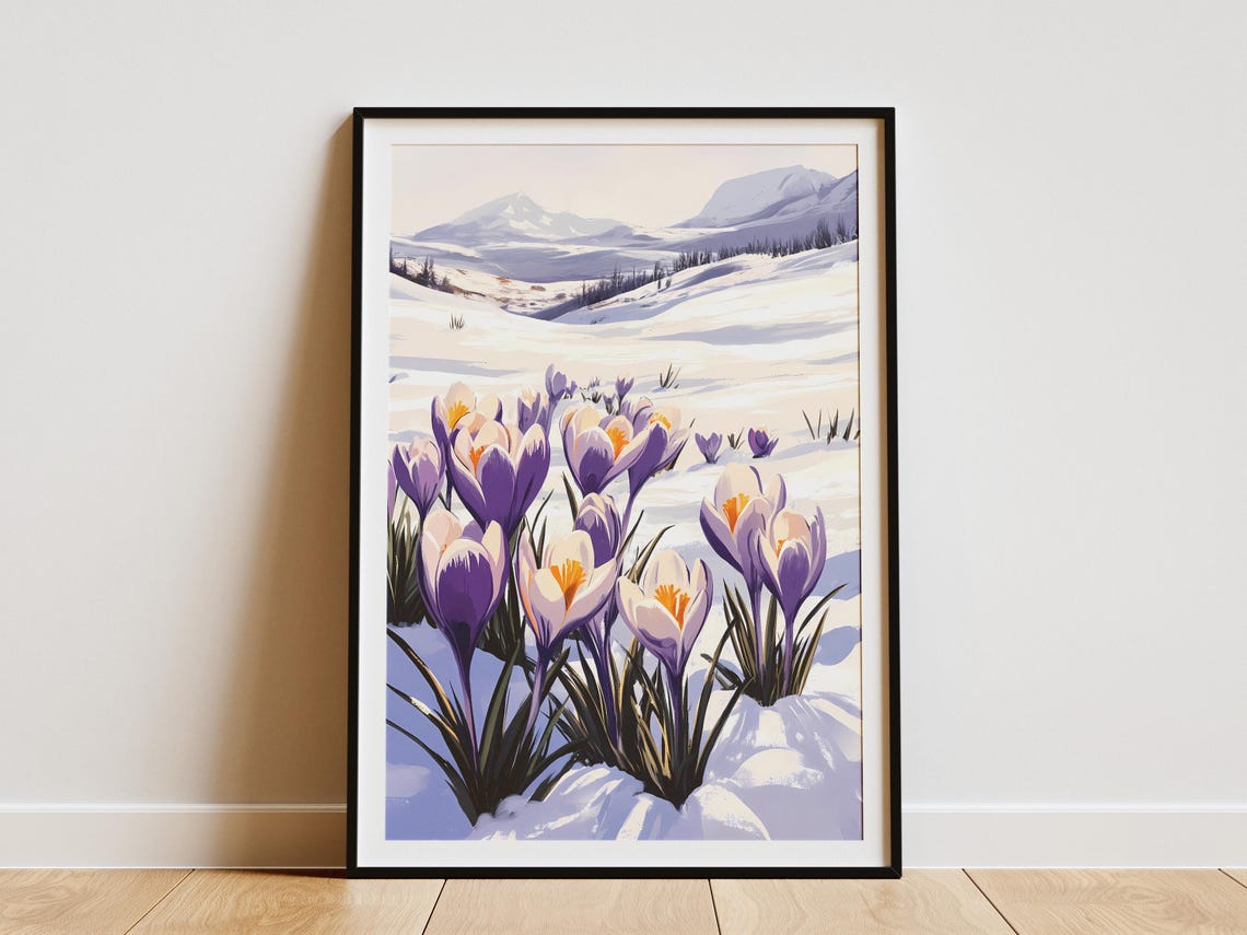 Close-Up Purple Crocus Blooms in Snow With Mountain Peaks Art Poster