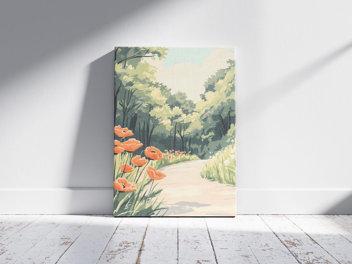 Orange Poppies Along Woodland Path Summer Landscape Flower Art Poster - Image 2