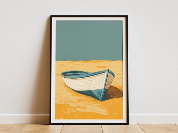 Vintage Boat On Golden Sand Beach Art Print Nautical Wall Decor Coastal Home Decor Summer Vacation Poster Ocean Boat Artwork Seascape
