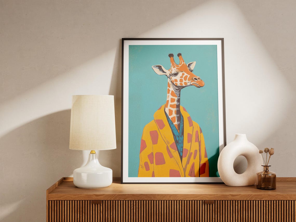 Elegant Giraffe Portrait In Yellow Bathrobe Teal Background Poster - Image 5