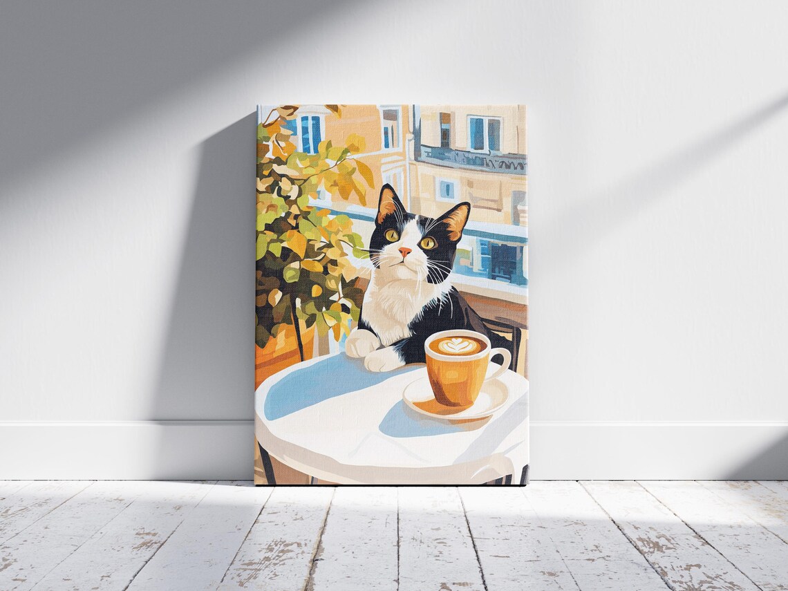 Green Eyed Tuxedo Cat with Latte Art at Sunny City Cafe Poster - Image 2