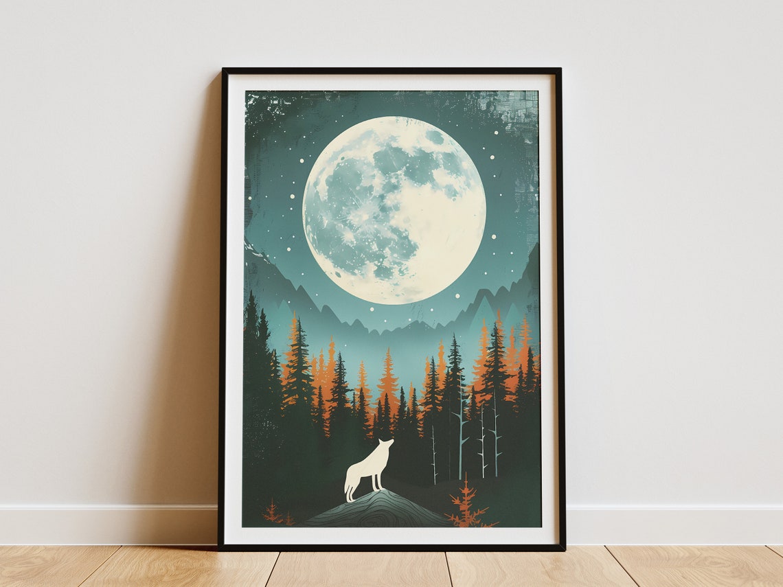 Wolf In Moonlit Forest Poster Modern Art Print Nature Wall Decor Forest Landscape Poster
