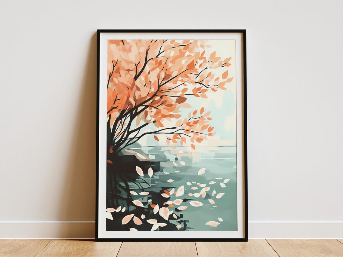 Peach Autumn Leaves Drifting Over Teal Water Landscape Art Poster