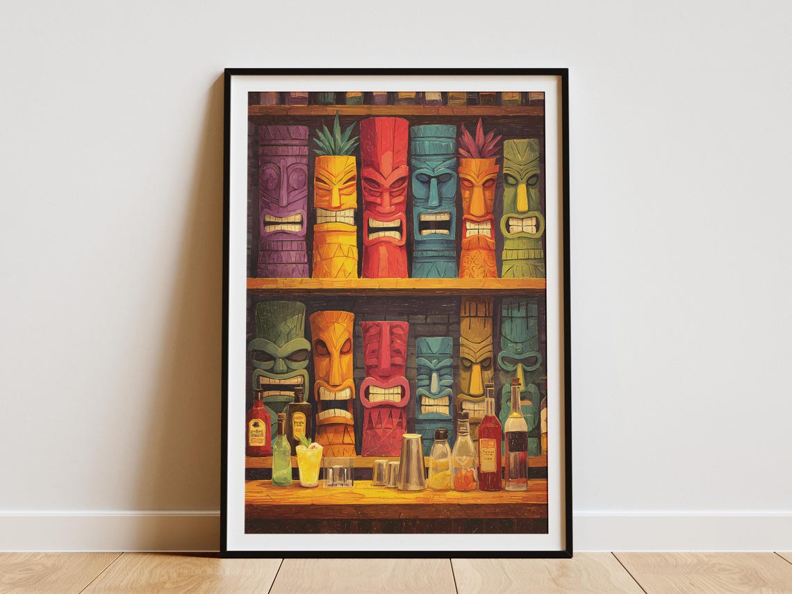 Colorful Tiki Bar Mugs Shelves Retro Tropical Cocktail Poster
