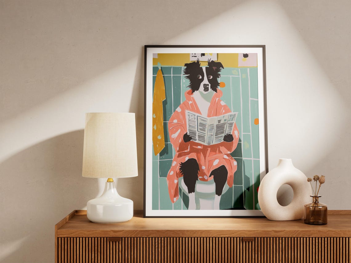 Border Collie in a Bathrobe Reading the Newspaper Bathroom Poster - Image 5
