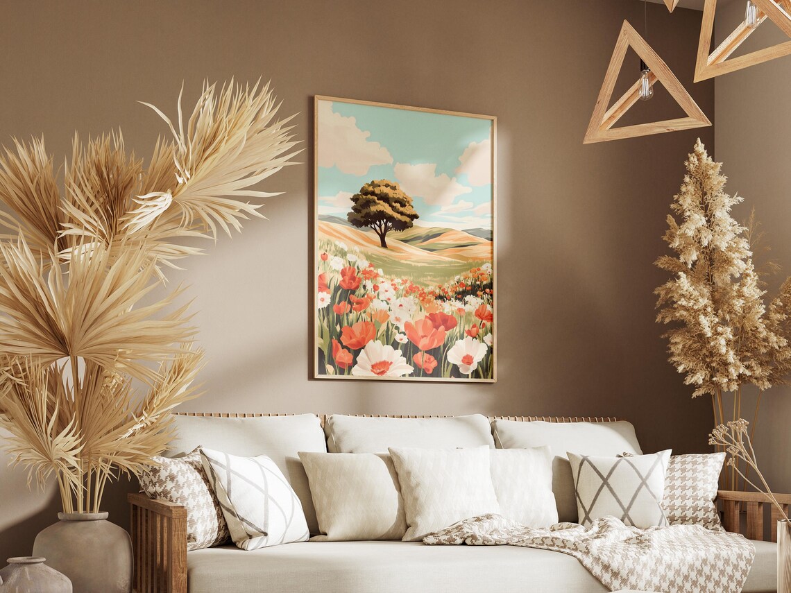 Lone Tree Above a Field of Red Poppies Countryside Art Poster - Image 3