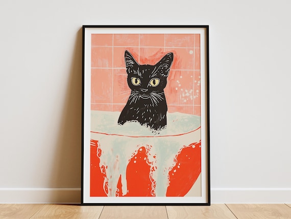 Black Cat Bubble Bath Bold Red Graphic Modern Bathroom Poster