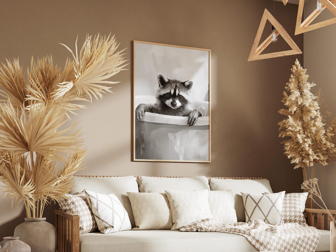 Cheeky Raccoon Bubble Bath Whimsical Minimalist Bathroom Poster - Image 3