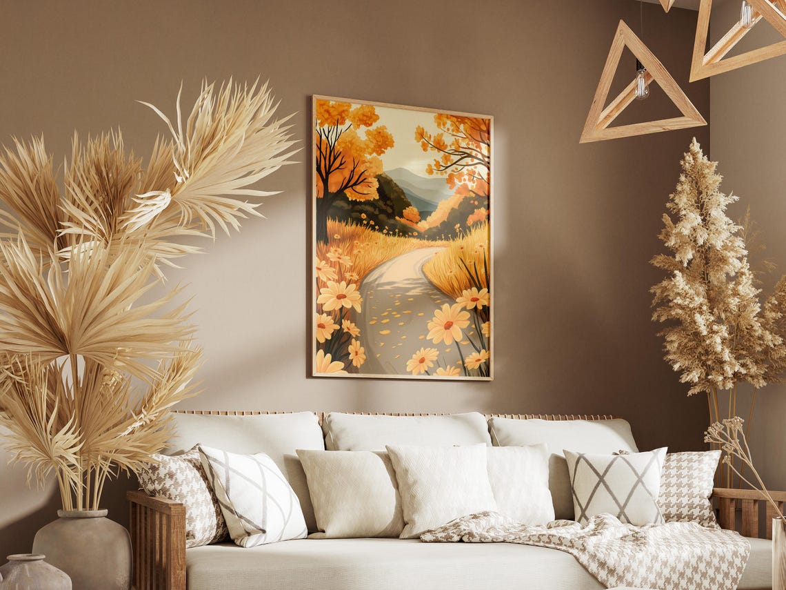 Country Lane Flower Poster Yellow Marigold Print Golden Flower Road Art Nature Wall Decor Botanical Illustration Calm Landscape Autumn Road - Image 3