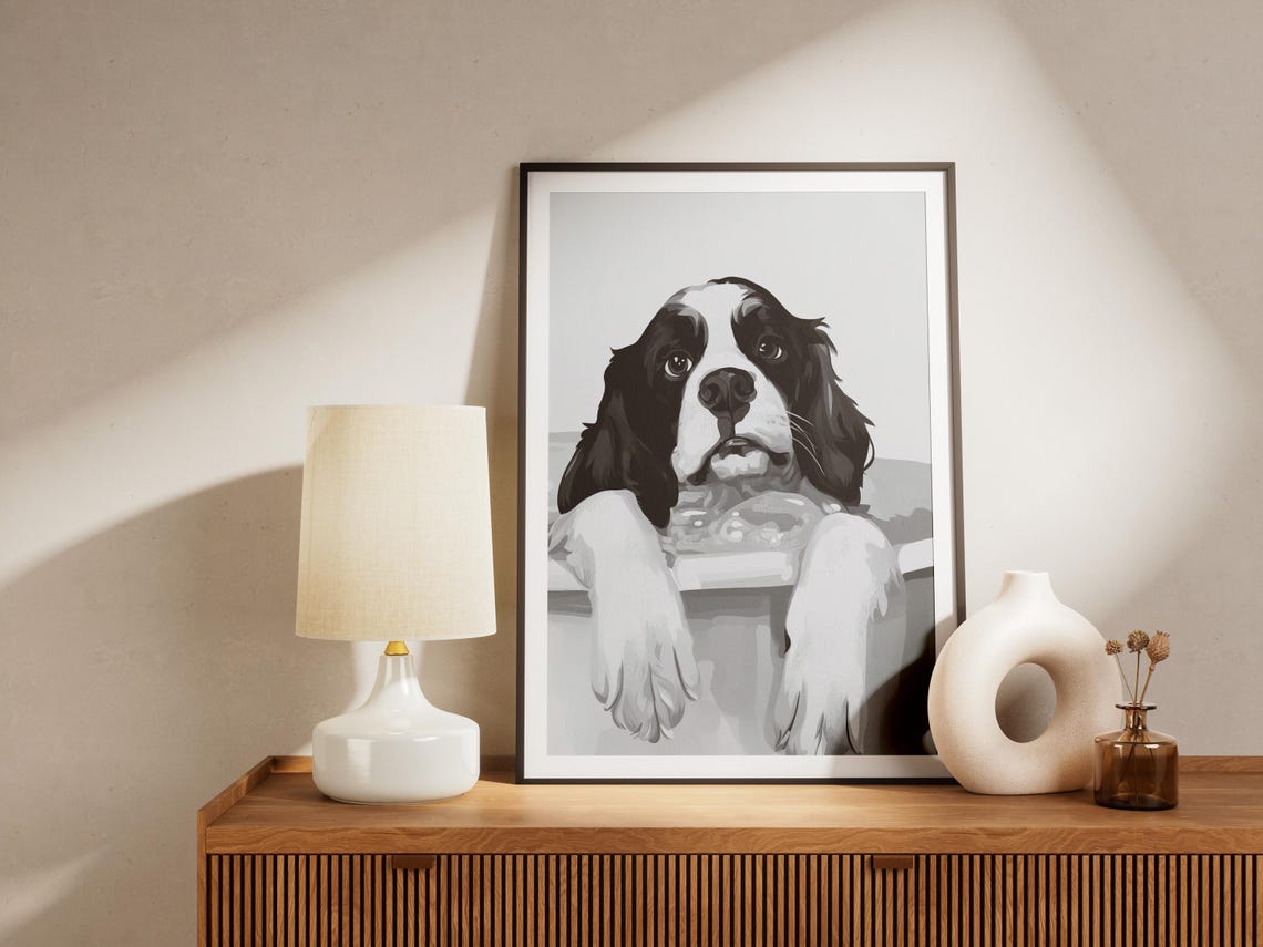 Cavalier King Charles Spaniel in Bathtub Black White Cute Decor Poster - Image 4