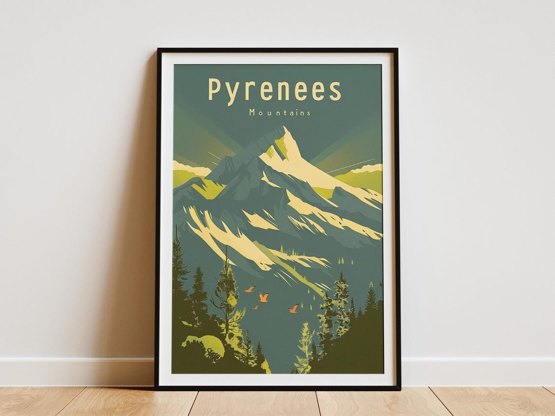 Pyrenees Snowy Mountain Peak Vintage Retro Travel Art Poster