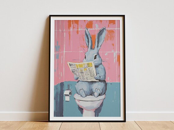 Rabbit on Toilet Reading Newspaper Funny Bathroom Bunny Poster