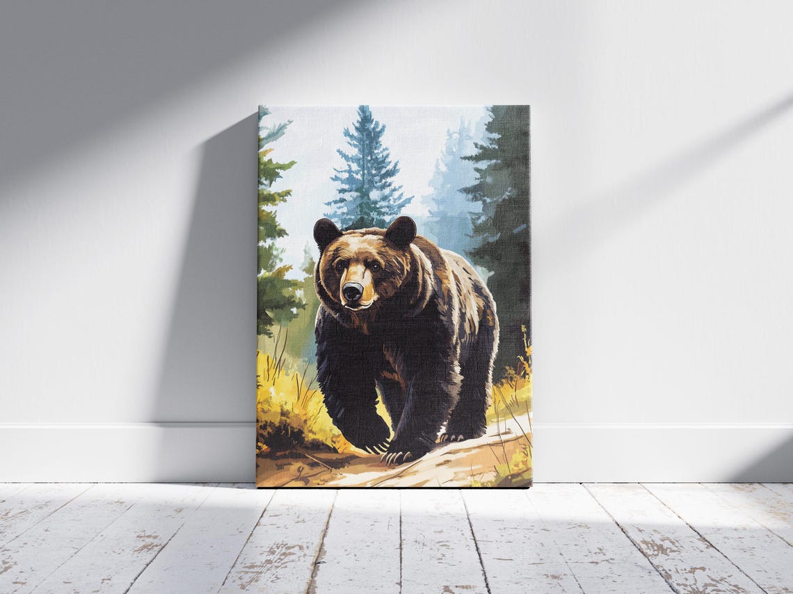 Brown Bear Walking in a Misty Pine Forest Wildlife Art Poster - Image 2