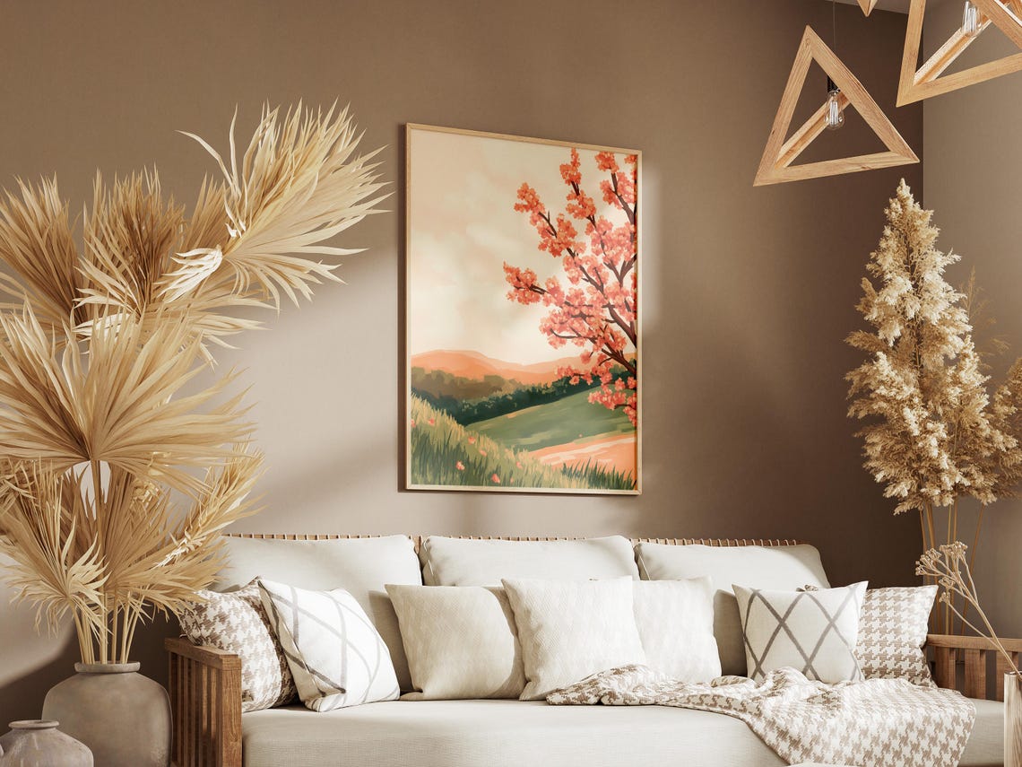 Peach Blossom Branches Over Rolling Green Valley Hills Poster - Image 3