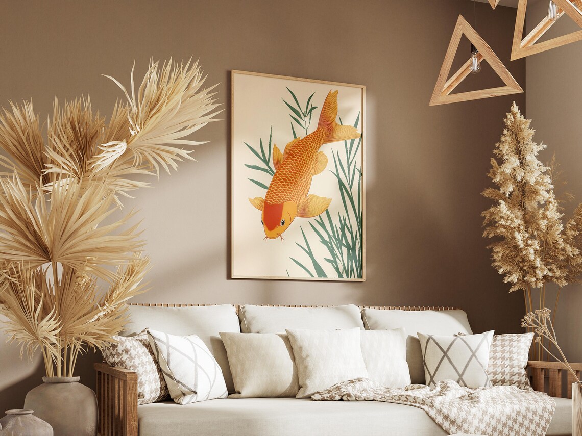 Golden Koi Fish Swimming Among Green Reeds Cream Background Poster - Image 3