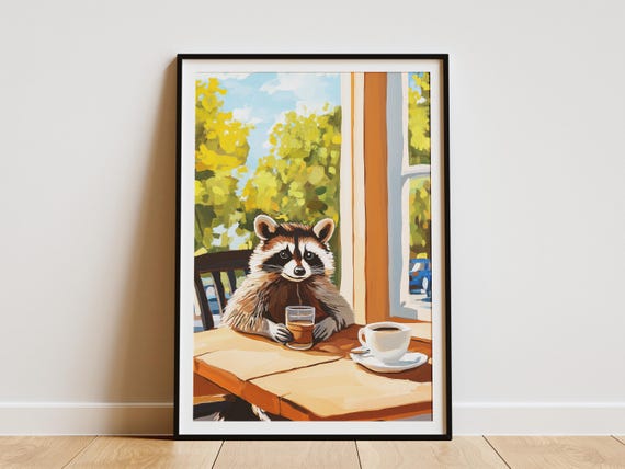 Raccoon Cafe Poster Cozy Animal Art Print Coffee Lover Gift Whimsical Wall Decor Painting Style