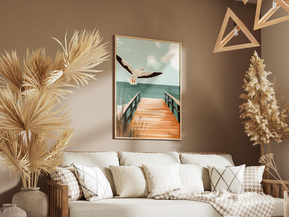 Seagull Flying Over Beach Boardwalk Ocean Coastal Scene Poster - Image 3