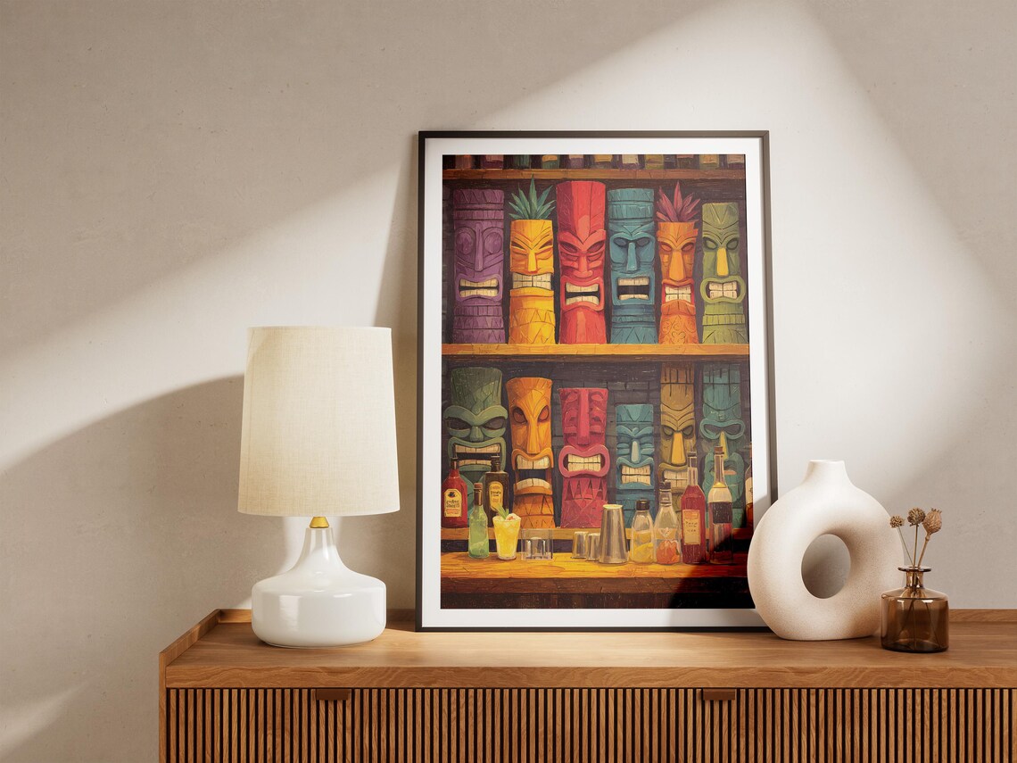 Colorful Tiki Bar Mugs Shelves Retro Tropical Cocktail Poster - Image 4