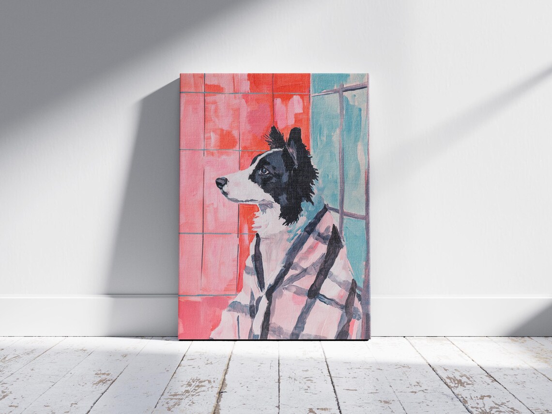Border Collie in Pink Plaid Bathrobe Profile Bathroom Dog Art Poster - Image 2