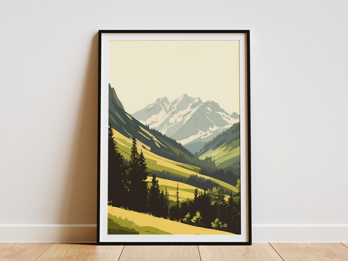 Snowcapped Ridge Green Valley Pine Forest Hazy Mountain Poster
