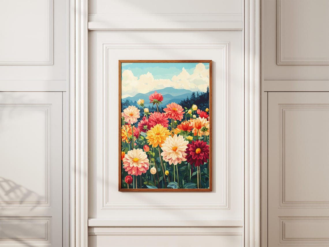 Colorful Dahlia Garden With Blue Mountains Behind Summer Art Poster - Image 2