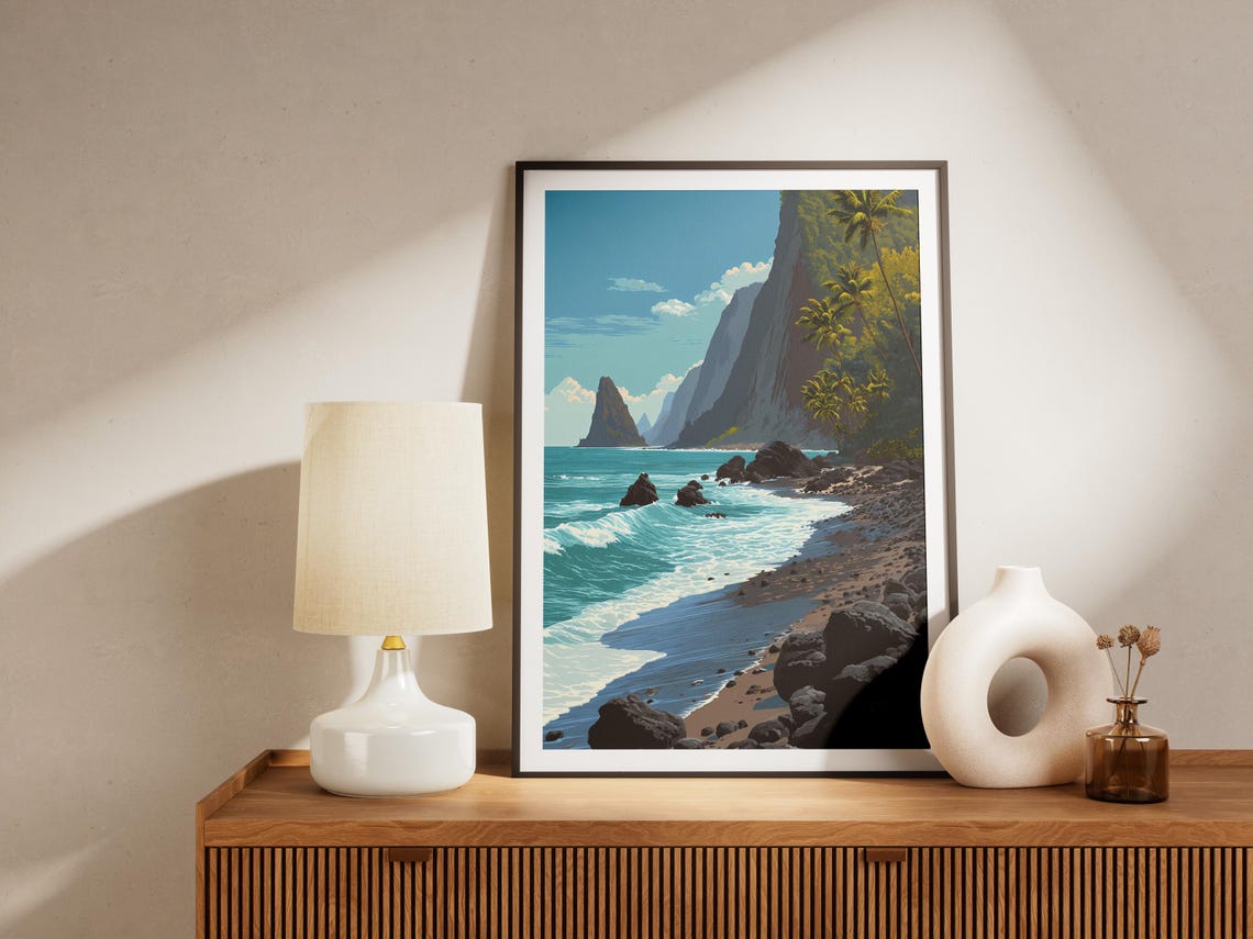 Hawaii Black Sand Beach Lava Rock Waves Vintage Travel Art Poster - Image 4