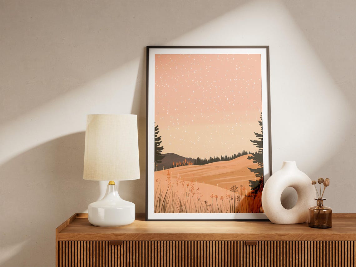 Golden Meadow Peach Starry Sky Wildflower Field Dusk Light Poster - Image 5