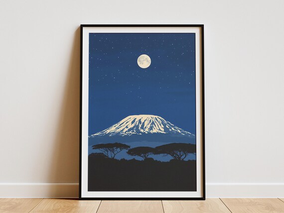 Mount Kilimanjaro Tanzania Acacia Trees Moonlit Night African Art Poster