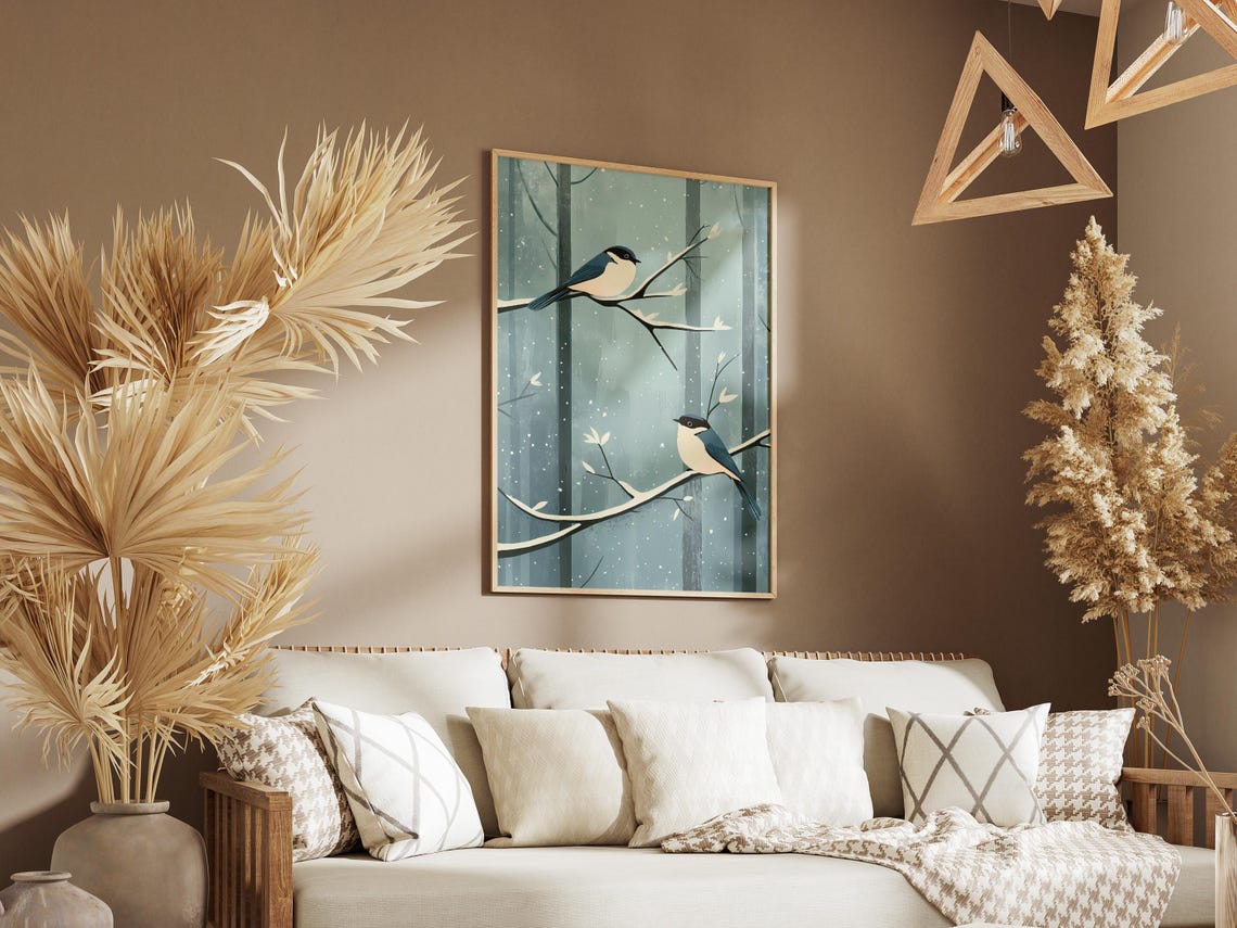Two Blue Birds Perched on Frosty Branches in Falling Snow Poster - Image 3