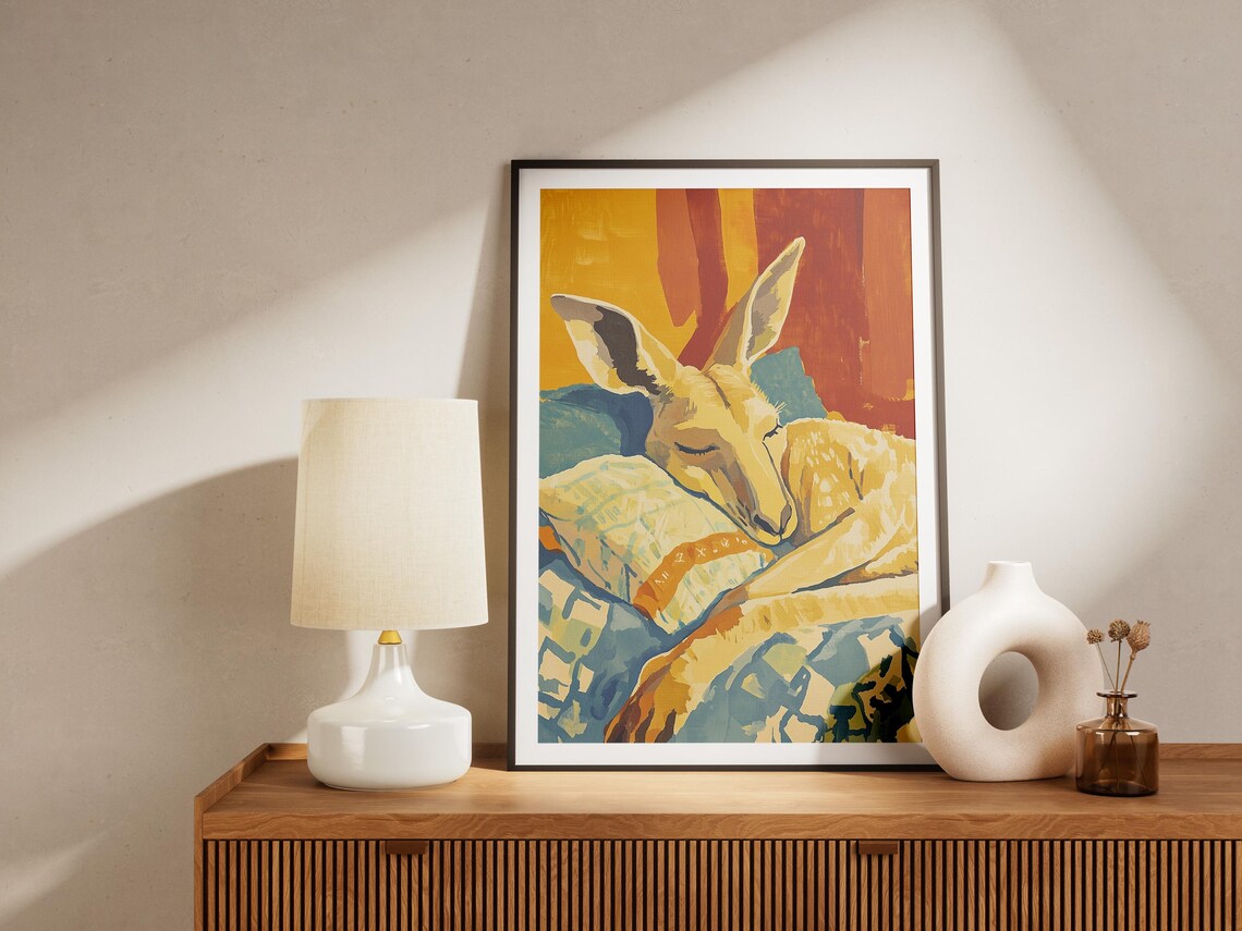 Sleeping Kangaroo Resting on Colorful Pillows in Warm Painterly Art Poster - Image 4